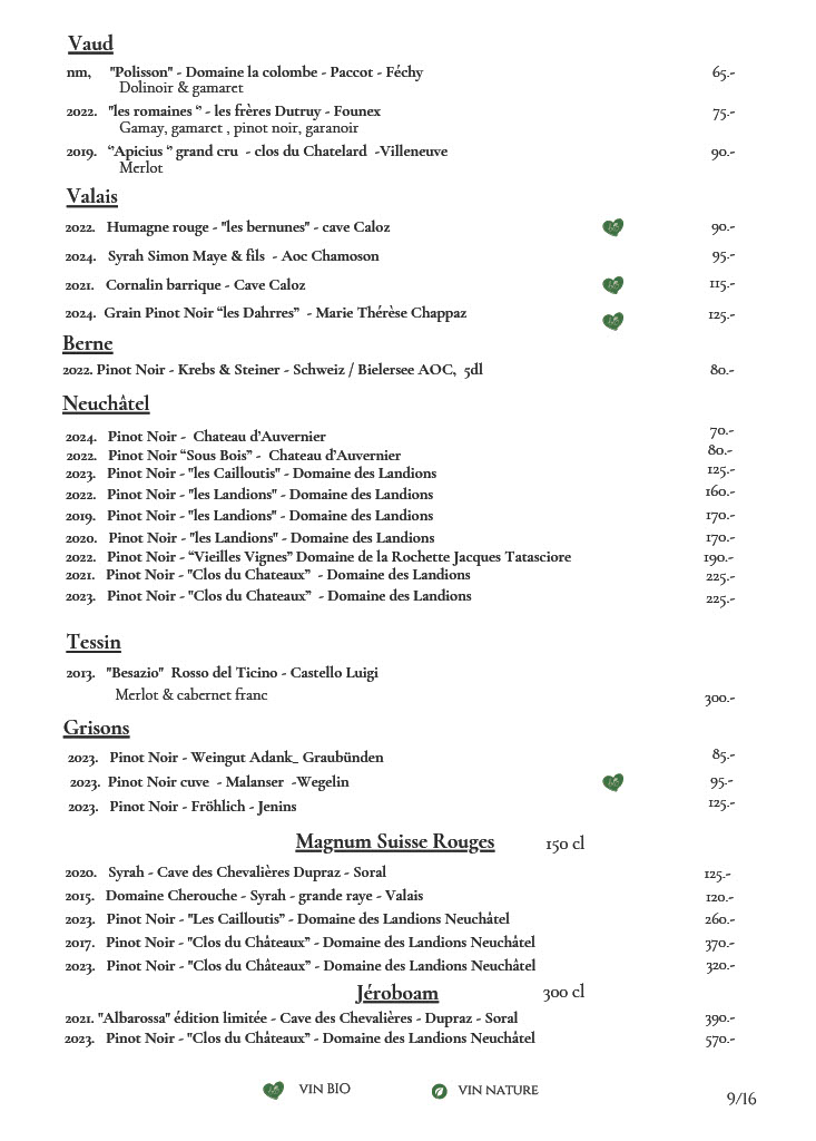 Vins rouges de Vaud, Valais, Neuchâtel, Grisons et Tessin