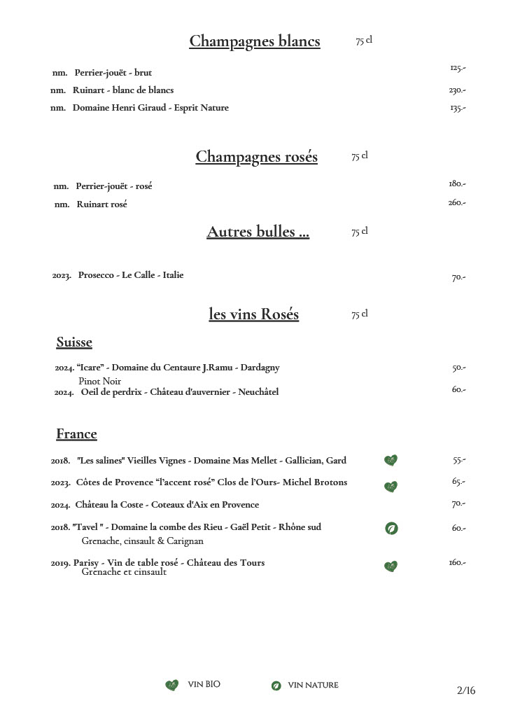 Carte des Champagnes, vins rosés et bulles
