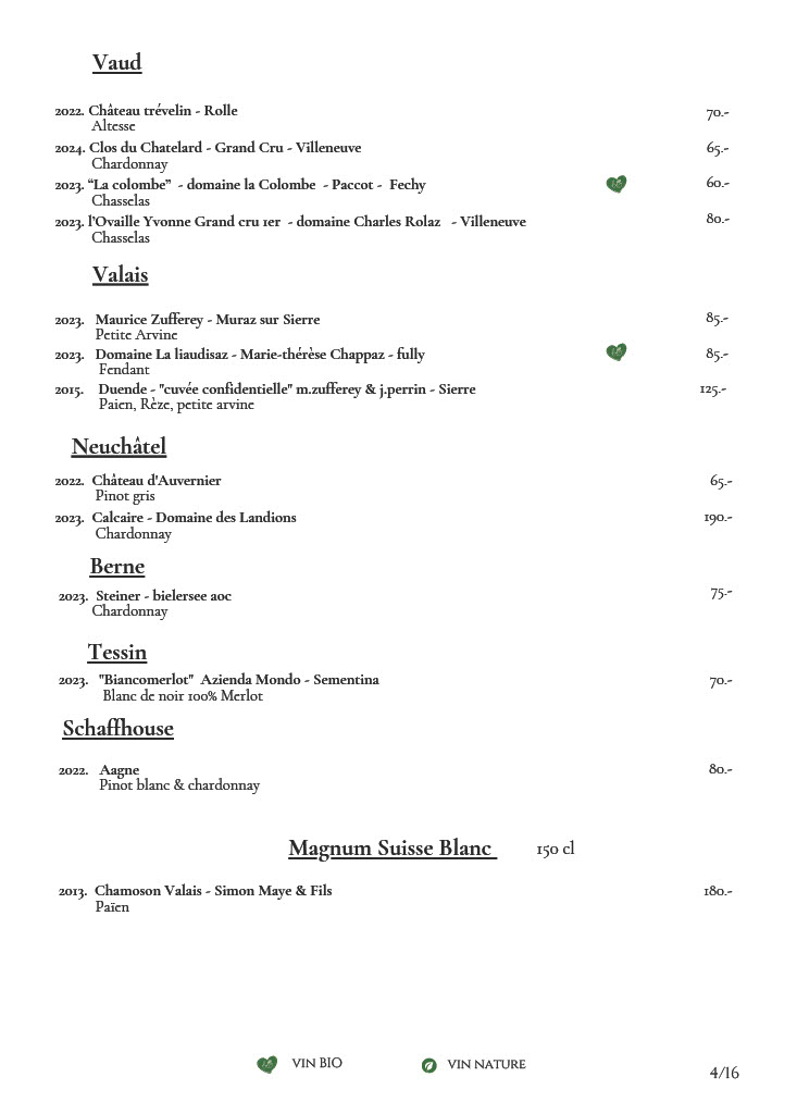 Vins blancs de Vaud, Valais, Neuchâtel, Berne et Tessin